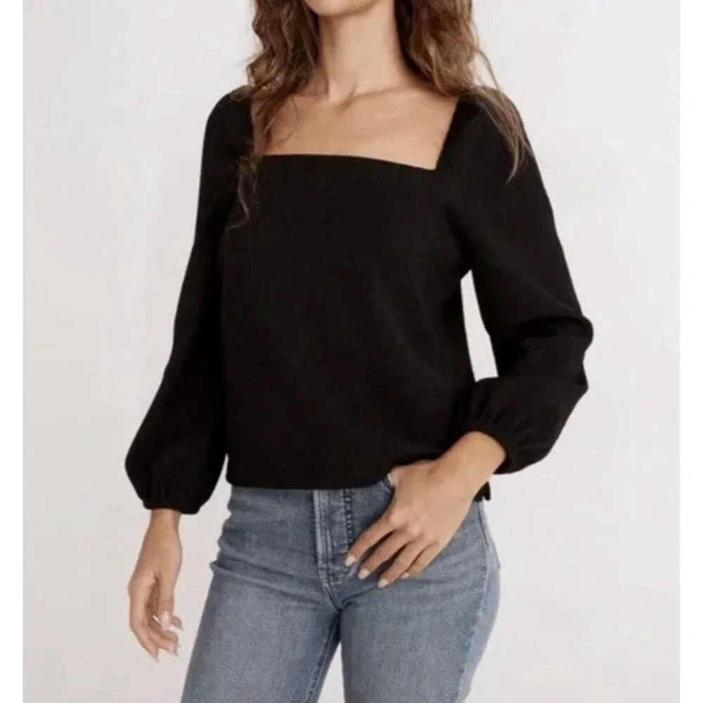 Madewell Sz S Crepe Square Neck Puff Sleeve Top Black Polyester Off Shoulder